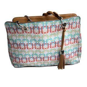 Rosetti Geometric Pattern Tote Bag With Braided Handles &amp; Tassel Multicolor